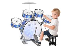 QIQUBOX Batterie Enfants Jouet Tambours Kit, Jazz Set 5 Pièces avec Tabouret Percussion Musique Drum Set Anniversaire Cadeaux de Noël pour 2 3 4 5 Garçons Filles