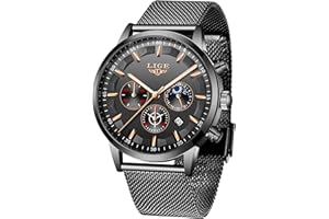LIGE Hommes Montres Mode Noir Acier Inoxydable Imperméable Chronographe Quartz Analogique Regarder pour Homme Affaires Habiller Regarder