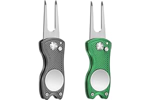 Mile High Life All Metal Foldable Golf Divot Tool with Magnetic Ball Marker & Club Groove Cleaner with Brush and Retractable Extension Cord Combo Set (2 Pack Multi-Colors)