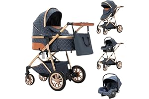 Zkiprm Carrito de Bebé 3 en 1 Empuje el Mango Ajustable Carrito de Bebé Portátil de La Ciudad con Asiento de Automóvil Marco de Aleación de Aluminio Absorción de Impactos Paisaje alto Azul