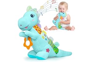RYOTAGIFT Baby Dino Musical Stuffed Animal Toys for 0-3-6-9-12 Months，Infant Dinosaur Tummy Time Toys with Crinkle Sound Paper,Teether，Textures & Rattles for Newborn Boys Girls Birthday Gifts，Blue