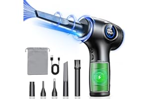 EOIWUY Compressed Air Cleaner for PC, Rechargeable Electric Air Duster with LED Light & Power Display, 3 Speeds Max 90000RPM Cordless Air Blower Duster with 5 Switchable Nozzles for Keyboard/Car