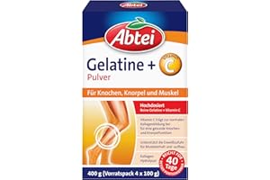 ‎ABTEI Abtei Gelatine Pulver Plus - reine Gelatine und Vitamin C für Knochen, Knorpel und Muskeln - hochdosiert - 400 g (4 x 100 g) - Vorratspack für 40 Tage