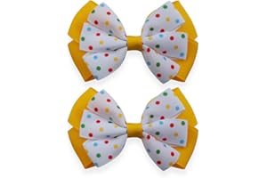MeiMei Multicolor Spot Dot Yellow Circle Hair Bows – Handmade 3.25 inch Grosgrain Ribbon Alligator Clips, Girls Hair Accessories, Matching Costumes, 2 Pieces (Spot 1, Double PW16, Clips)