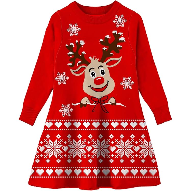 Robe De Noël Rouge Pour Fille - Pull Tricoté Renne Et Flocons, Style Rétro Et Confortable - 4