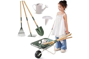 ROBOTIME Kids Metal Wheelbarrow & Planting Tools, 5PC Large Gardening Set with Adjustable Pine Handle, Outdoor Backyard Playset with Watering Can, Rake, Shovel, for Boys & Girls Ages 3+ (Olive Green)