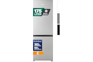 Heinrich´s Kühlgefrierkombination 175Liter, XXL, kühlschrank mit gefrierfach, Kühlvolumen 122L, Gefrierfach 53L, leise 39dB,große Tiefkühlboxen, 7 Temperaturstufen (Energieklasse E, Inox)