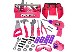LOYO Kids Tool Set - 30Pcs Pretend Play Tool Toys with Kids Tool Belt, Electric Toy Drill, Construction Tool Box Kit Kids Toys Gift for Girl Boys Age 3 4 5 6 Years Old（Pink）