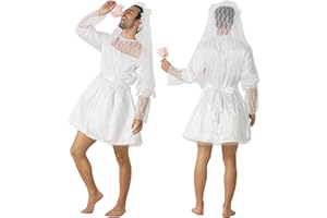 XUZIE Funny Wedding Dress Men Bride Costume, Graveyard Bridal Cosplay, Deluxe Lace Mens Wedding Dress with Gloves, Stag Do Fancy Dress Night Party Outfit, Halloween Costume Change Party, One Size White