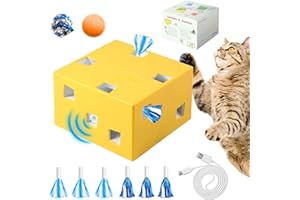 Migipaws Jouet interactif pour Chat, Plume+Ruban Automatique, se Cache dans 12 Trous, Jouet pour Chaton « Whack A Mole », capteur Intelligent, Jouet pour boîte en Carton, Rechargeable
