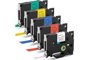 MarkField Ruban Compatible pour Brother P-touch TZe TZ 12mm Laminé Cassettes Compatible avec Brother ptouch PT-H100LB PT-E100 D400 1250 H110 1000, Noir sur Blanc/Rouge/Bleu/Jaune/Vert