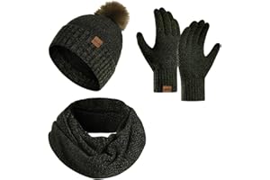 Enwokran Berretto Pom Beanie Lavorato a Maglia da Donna Guanto Touch Screen Sciarpa Lunga Elasticizzata Calda Sciarpa Rotonda e Set Guanti TouchScreen, Regalo per Uomo Donna