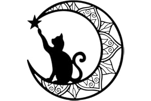 SEABABOO Decorazione Murale In Metallo Nero 33X32 CM Scultura Da Parete Della Luna In Metallo Decoro Muro Ritaglio Luna E Gatto Decorazione Murale Metallo per Camera Da Letto Soggiorno
