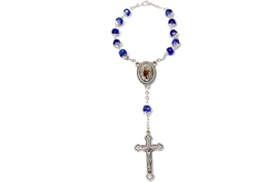 C BC Silver Chain Blue Faceted Glass Single Decade Pocket car Rosary Beads St. Christopher
