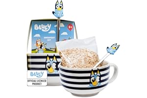 BEAMS INTERNATIONAL Bluey Breakfast Set with Ceramic Bowl & Spoon - 100g Porridge Oats for 2 Servings, Microwave Safe Bowl Featuring Bluey & Bingo, Kids Breakfast Kit - Bluey Gifts for Girls & Boys, Birthday, Christmas