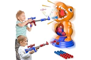 Fygurso Giocattolo sparatutto mobile con dinosauri con 2 pistole a pompa d'aria, giochi di tiro al bersaglio con punteggio LED, luce e suono, 24 palline di schiuma per 3+, regalo per ragazzo (arancia)