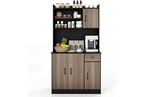 COSTWAY Szafka kuchenna z blatem roboczym, 180 cm, szafka bufetowa z 4 regulowanymi półkami i otworami na kable, wysoka szafka do kuchni, jadalni, salonu (czarna)