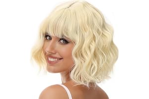 Luxiremi Perücken Blond Kurze Schulter Länge Lockig Gewellt Perücke Bob mit Pony Synthetische Cosplay Perücke für Damen