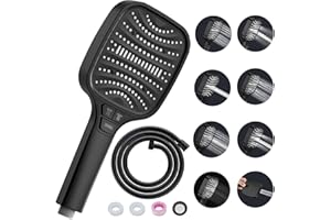 GEMDOIT Shower Head High Pressure Shower Heads – with 8 Spray Modes and 1.5m Hose, Black Shower Head and Hose Set, Square Handheld Showerhead for Bathroom Fixtures, Handheld Showers, Bath Shower Attachmen