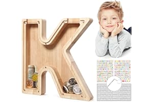 MoneRffi Personalized Letters Wooden Piggy Bank, A-Z Letters Coin Bank Money Box with Clear Alphabet Stickers, Money Saving Bank For Family Christmas Birthday Gift Home DIY Decoration