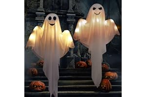 Bseical 2 Piezas Fantasma Halloween Decoracion, 80 cm Fantasmas Colgantes de Halloween, Halloween Fantasma con Luces Led, Decoracion Halloween para Exterior, Patio, Jardín