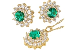 RIZILIA Blossom Jewellery Set Pendant with 45cm(18") Chain & Stud Earrings Round Cut Gemstones CZ [6 Colours Available] in 18K Yellow Gold Plated, Simple Modern Elegance