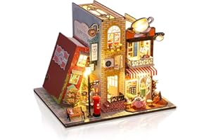 Cuteefun Puppenhaus Miniatur mit Möbeln, Miniatur Haus mit Musik, DIY Hölzernes Puppenhaus für Erwachsene, Geschenk zum Geburtstag (Buch & Kaffee)