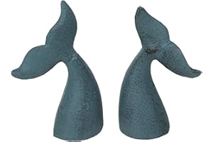 ZECKOS Set of 2 Nautical Cast Iron Whale Tail Decorative Bookends - Coastal Themed Shelves, and Beach House - Rustic Blue Enamel Finish - Organize and Beautify Your Space
