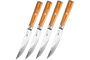 FUJUNI Couteaux à Steak Lame Lisse, 4 Pièces Set de Couteaux à Steak en Acier Damas 67 Couche VG10 Acier Couteau à Viande Professionnel 12,5 cm avec Manche en Bois d'olivier