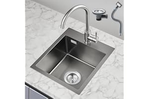 ROVOGO Spülbecken Klein Schwarz, 40 x 34 cm Spüle Küche mit Ablaufgarnitur inkl. Siebkorbventil und Abtropf-Überlauf, Einbauspüle mit hahnloch für Armatur, Handgefertigte Küchenspüle Edelstahl