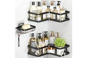 ZVZM Duschablage Ohne Bohren Schwarz Edelstahl, Duschregal Ecke 3 Stück, Duschkörbe & Duschablagen, Duschregal Schwarz 0hne Bohren Mit 12 Haken, Ablage Dusche Ohne Bohren für Badezimmer.