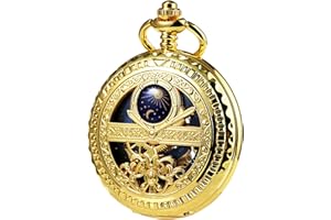 TREEWETO Mechanische Herren Taschenuhr, Sonne und Mond, Skelett, römischen Ziffern, Taschenuhren mit Kette für Herren