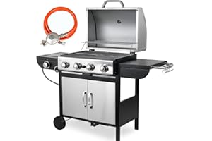 TLSUNNY 4+1 Bruciatore Barbecue Grill a Gas in Acciaio Inox, Grill BBQ a Gas con Termometro con Piano Cottura Laterale, 14.05KW Bruciatore ad Alte Prestazioni Grill Barbecue per Giardini Feste Campeggio