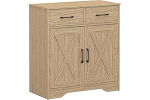 Panana Wooden Storage Cabinet Rustic Organizer for Living Room Kitchen Free-Standing 2 Doors 2 Drawers Hallway Farmhouse Style (Oak)