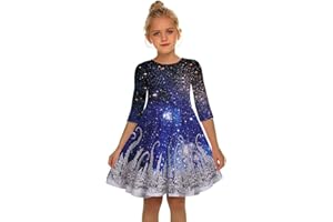 Huttam Robe Noel Fille Vintage 7-12 Ans Tenue Costume Noel Fille À Carreaux Imprimé Noel Robe de Soirée Fête Fille Manches 3/4 Cadeau Noel Fille Pas Cher Robe Trapèze Enfant Fille