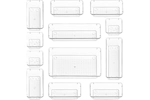 Stackzy Drawer Organiser Set – Makeup Organiser Tray for Drawers – Clear Cosmetics Container Tray for Bedroom – Utensil Cutlery Set Divider – Kitchen Storage & Organisation – 12pack