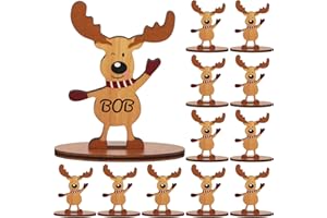 Gulfmew 12 Pcs Christmas Reindeer Place Name Settings 3D Freestanding Wooden Table Place Card 3.74'' x 2.25'' Rustic Seat Card Xmas Name Table Decoration with Marker for Christmas Party Decor