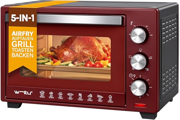 WOLTU Mini Four 28 L, 1600 W, 100-230°C, Minuterie 0-60 min, 3 Modes de Cuisine, Plaque de Cuisson, Grille, Lèchefrite, pour Cuire Rôtir Décongeler Réchauffer, Noir+Rouge