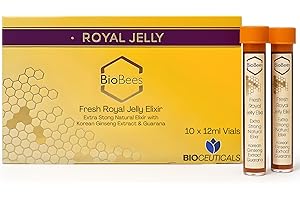 BioBees Fresh Royal Jelly Elixir 10 Vials, 10 Days Supply – Natural Energy & Immune Support Supplement with Korean Ginseng, Guarana & Herbal Blend for Vitality, Skin Health, Memory, Mood