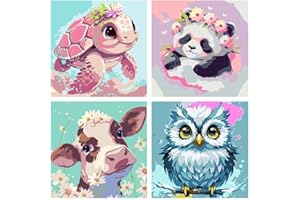 Hrobig Malen Nach Zahlen 4 Stück ab 5 6 7 8 9 Jahre Mädchen und Jungen - DIY Malen Nach Zahlen Tiere für Kinder und Anfänger mit Pinsel und Acrylfarben 20 X 20cm