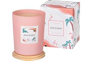 AVA & MAY Bahamas Candela profumata (180g) – Candela vegana con portacandele in Vetro dal Delicato Profumo di Cocco, Vaniglia e monoi – Candele Fatte a Mano
