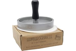 NATUMO Burgerpresse Set aus Hamburgerpresse und Burger Papier (50x Trennpapier), Burger Maker aus Aluguss (Ø 11cm, 200g), Profi Burger Pattie Presse mit Antihaftbeschichtung (Silber)