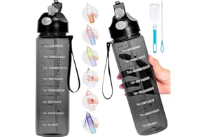 QCQHDU Water Bottle 1L, Sports Water Bottle with Straw & Time Maker, Drinks Bottle with Bottle Brush and Filter, Leak-proof, BPA-free Plastic Drink Bottle for Running Gym Cycling Office and School (Black)