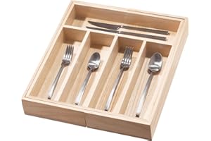 iDesign Bandeja organizadora, porta cubiertos de madera de paulownia, cubertero para el cajón de la cocina o la oficina, organizador de cubiertos y utensilios de cocina, beige