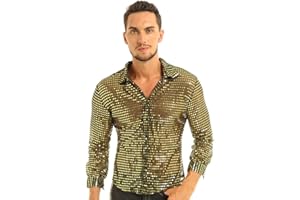 Mufeng Camicia Uomo Elegante Magliette a Manica Lunga con Paillettes Trasparenti Camice da Ballo Uomo Latino T-Shirt Sexy Smoking Camicetta Fitness Slim Clubwear