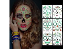 DREAM LOOM Tatouage Halloween, 6 pièces Le jour des morts Tatouage temporaire visage complet lueur dans le noir, pour le maquillage de fête d'Halloween pour enfants adultes (Autocollants visage)