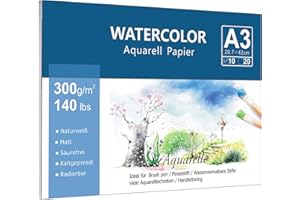 WILLINGOOD Carta ad acquerello di alta qualità (A3, 300 g/m², 10 fogli singoli), pressata a freddo, carta ad acquerello opaca, per acquerello, gouache acrilico e tecniche ad acquerello