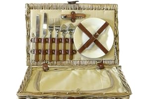 FINE FOOD STORE Cream Lined 2 Person Wicker Picnic Basket with Built In Chiller Compartment with Accessories - Ideas for Birthday, Wedding, Anniversary and Corporate