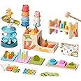 Giant bean Montessori Toys Set for Baby 12-18 Month, 8-in-1 Wooden Learning Toys with Ball Drop Roll Tower, Multifunctional Object Permanence Box, Hammer, Shape Sorting Stacking Cube Cups, Gift for 1+
