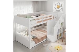 Jtyca Bunk Bed for Kids, Single Cabin Bed with Storage and Stable Railings, Twin Sleeper Bunk Beds with Stairs and Storage Cabinets for Children, Solid Pine Wood, 3FT-90 x 190cm, White, (No Mattress)